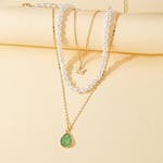 Mint Green Teardrop Crystal Pendant Imitation Pearl Layered Necklace